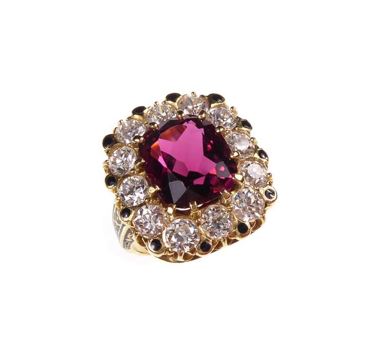 Cushion cut red tourmaline and diamond cluster ring